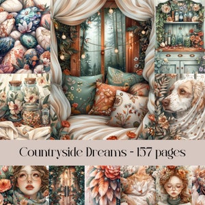 Strony Countryside Dreams, Junk Journal, Sztuka akwarelowa, papier cyfrowy, papier do scrapbookingu, cottagecore, strony kwiatowe, motyw ogrodu, materiały do druku