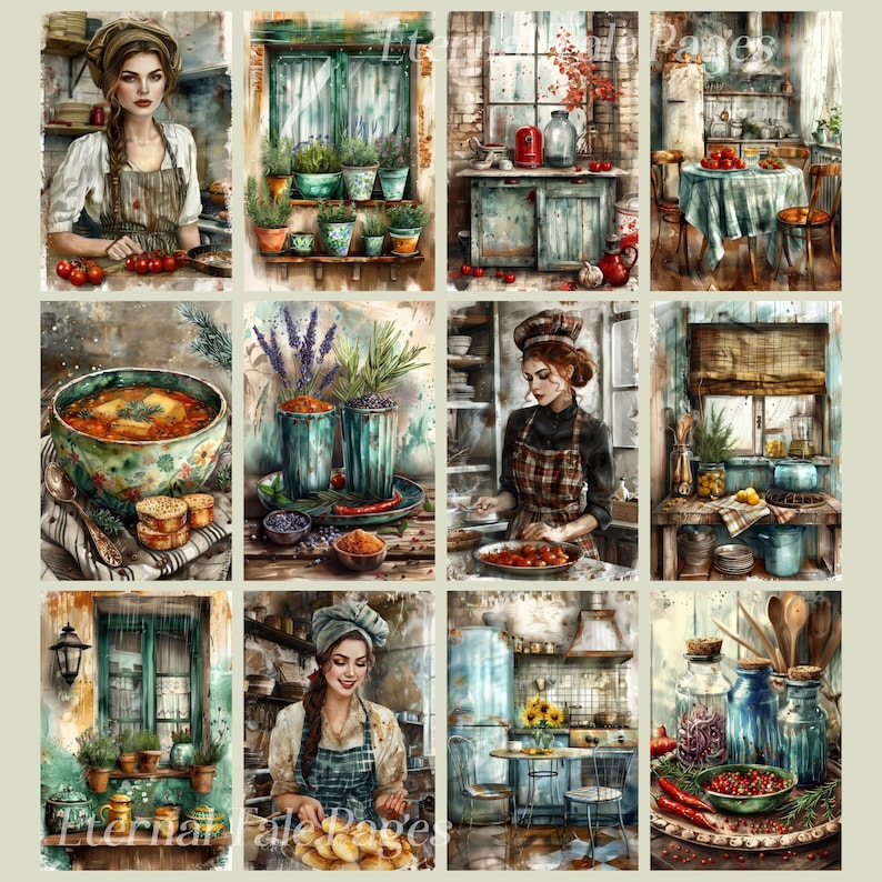 May include: A collection of watercolor art prints featuring kitchen scenes and culinary themes. The prints depict women cooking, still lifes of food, and kitchen decor. The color palette includes greens, blues, and warm earth tones, creating a rustic and inviting atmosphere.