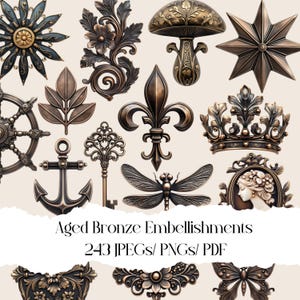 Embellissements en bronze vieilli, décoration, coupes difficiles, décoration en métal, épingle en métal, pièces de monnaie, boutons, carnet de bords, scrapbooking, usage commercial, numérique