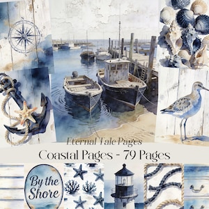 Op de afbeelding: Waterverfillustraties met een kustthema. De afbeelding toont boten, een kompas, een anker, schelpen, een vogel en een vuurtoren. De tekst luidt "Eternal Tale Pages" en "Coastal Pages - 79 Pages" met de zin "By the Shore". Het kleurenpalet omvat blauw, wit en bruin.
