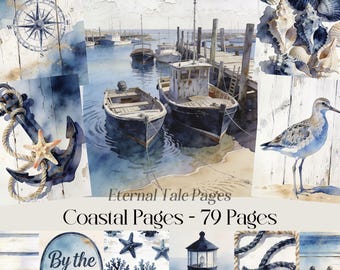 Coastal Nautical Digital Papier, Blauer Strand und Leuchtturm Hintergründe, Vintage Seaside Scrapbook Seiten