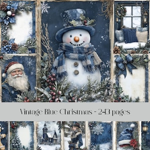 Páginas navideñas azules vintage, papel digital, diario basura, papel para álbumes de recortes, imágenes imprimibles, temporada festiva, fiestas Winger, diseños de papel