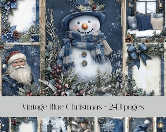Vintage Blue Christmas Digital Paper: Junk Journal Scrapbook (Digital Download)
