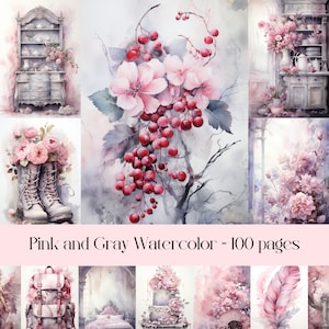 Páginas de acuarela rosa y gris para diarios basura, scrapbooking, arte de collage, papel digital, papel imprimible, efímeras vintage, de ensueño.