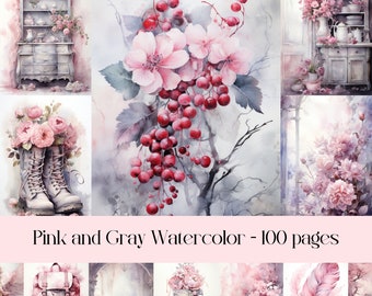 Pink and Gray watercolor pages for Junk journals, scrapbooking, collage art, digital paper , printable paper, vintage ephemera, dreamy