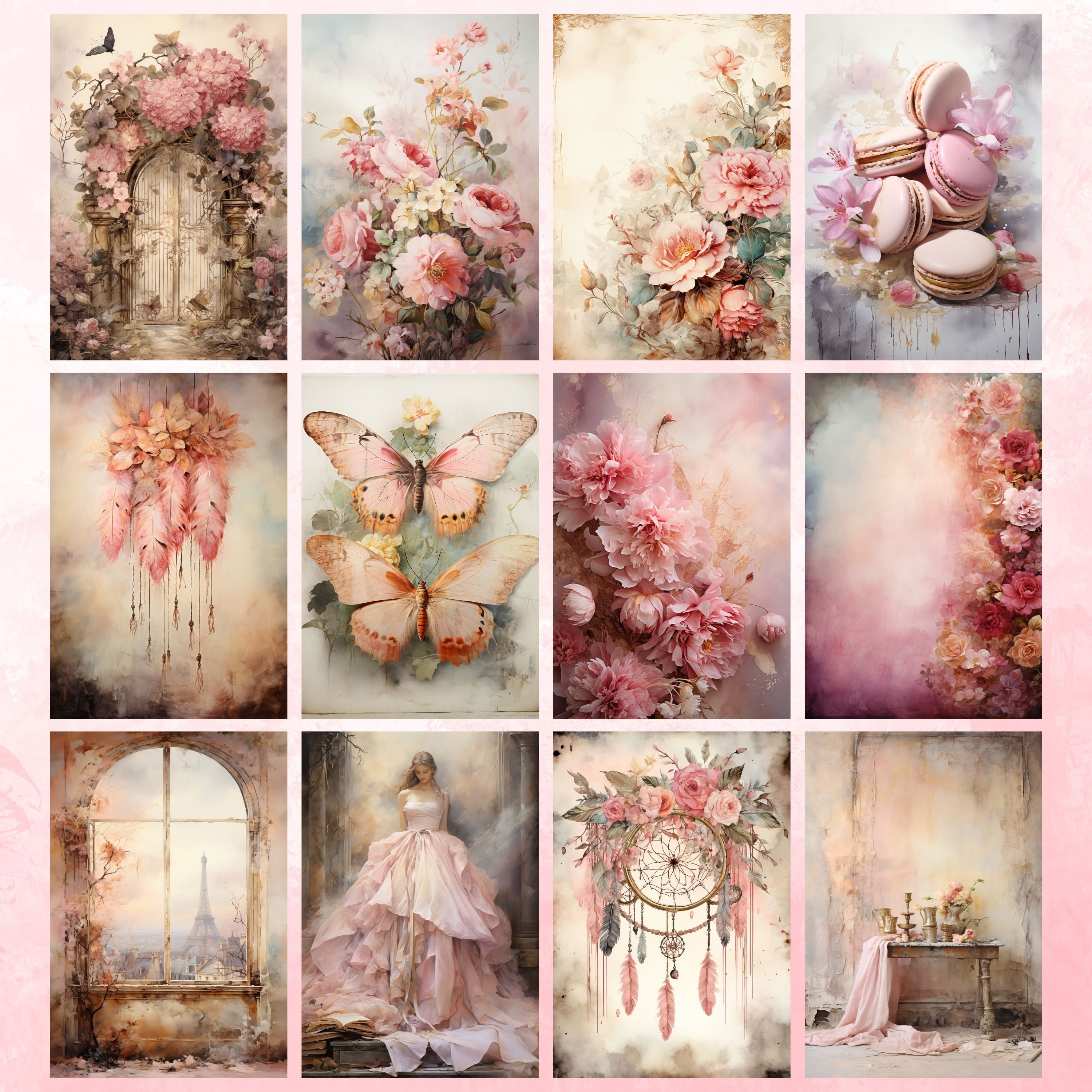 Pastel Pink and Gold Junk Journal Pages, Scrapbook, Ephemera, Vintage ...