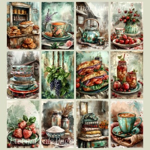 May include: A collage of watercolor illustrations featuring rustic kitchen scenes. Images include baked goods, tea, sandwiches, fruit, and stacked plates. The color palette is soft, with greens, blues, and browns, evoking a cozy, vintage aesthetic.
