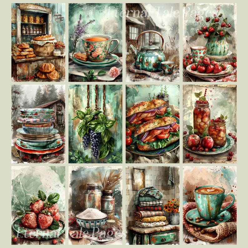 May include: A collage of watercolor illustrations featuring rustic kitchen scenes. Images include baked goods, tea, sandwiches, fruit, and stacked plates. The color palette is soft, with greens, blues, and browns, evoking a cozy, vintage aesthetic.