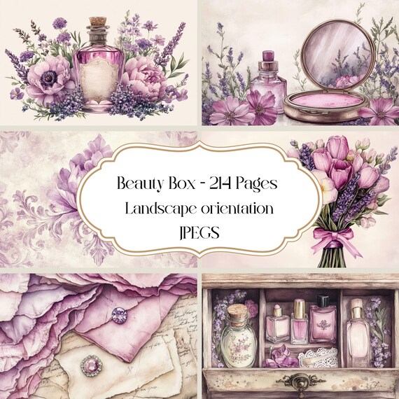 Beauty Box Junk Journal Pages, Purple Pink Floral, Vintage  display picture 3