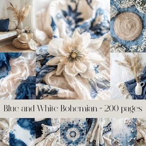 Blauwe en witte boho-afbeeldingen, achtergrond, mockupscène, beige en crèmekleur, boho-thema, stockfotografie, esthetische afbeeldingen, afdrukbaar