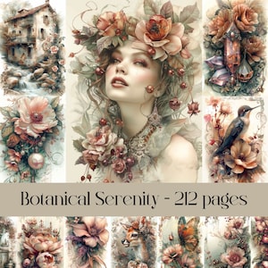 Pages botaniques de sérénité, journal indésirable et papier de scrapbooking, papier numérique, papier de découpage, vintage, antiquité, éphémère, images de collage