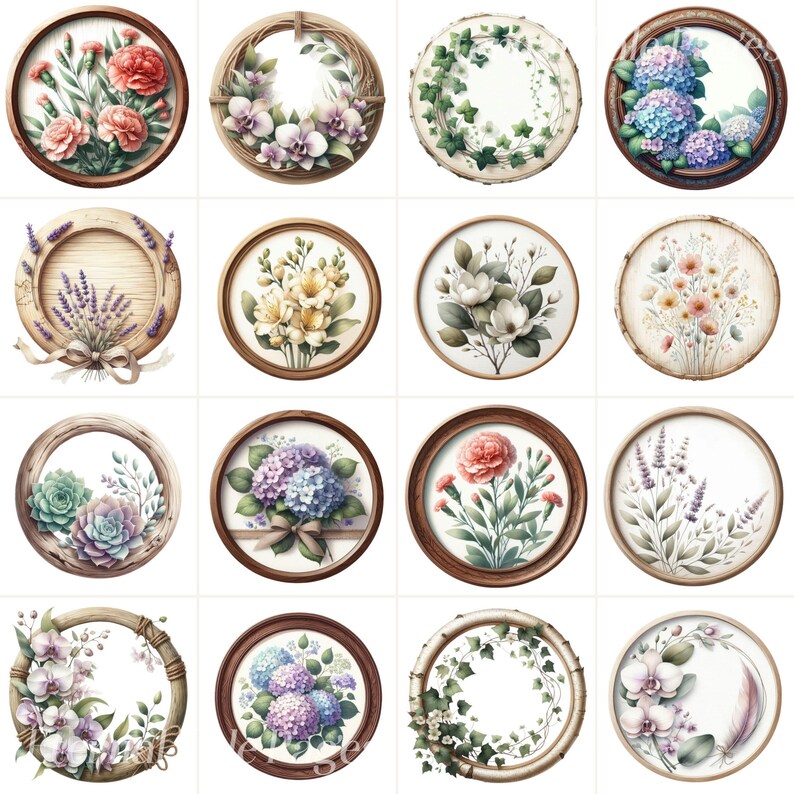 Round Floral Frames Digital Images Wooden Frames With Flowers, Rustic