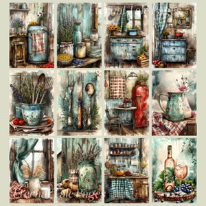 May include: A collage of watercolor paintings depicting rustic kitchen scenes. Each scene features vintage furniture, utensils, and decor in shades of blue, red, and brown. Some images include jars, flowers, and food items, evoking a cozy, farmhouse aesthetic.