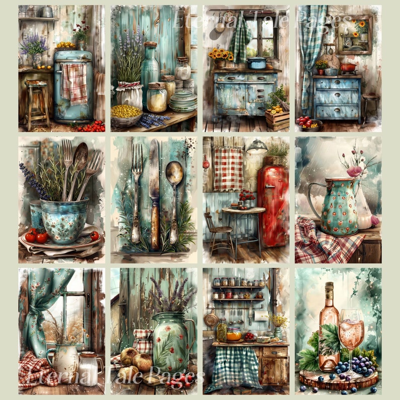 May include: A collage of watercolor paintings depicting rustic kitchen scenes. Each scene features vintage furniture, utensils, and decor in shades of blue, red, and brown. Some images include jars, flowers, and food items, evoking a cozy, farmhouse aesthetic.