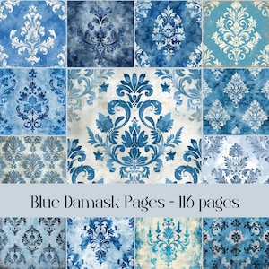 Blau Damast Hintergrundseiten, Junk Journal, Scrapbook Papier, digitales Papier, druckbare Bilder, Hintergrundbilder, Muster, Damast Textur