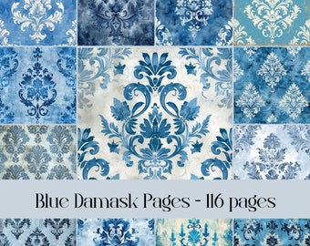 Blue Damask Digital Paper: 116 Junk Journal Pages (Digital Download)