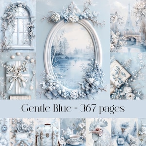 Gentle Blue Pages do scrapbookingu i dziennika śmieci, papier cyfrowy, obrazy do druku, styl akwarelowy, shabby chic, pastelowy delikatny błękit, kwiatowy