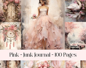 May include: A collage of images featuring a pink and white color scheme. The images include a woman in a pink dress, a white swan on a lake, a pink flower arrangement, a vintage car, and a dreamcatcher. The text "Pink - Junk Journal - 100 Pages" is displayed at the bottom of the collage.