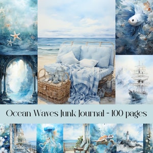 Ongewenste dagboekpagina's oceaangolven, scrapbooking, nautisch, zeethema, blauwe oceaan, strandleven, afdrukbare pagina's, achtergrondafbeeldingen