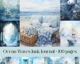 Páginas de diarios basura de olas oceánicas, scrapbooking, náutica, tema marino, océano azul, vida en la playa, páginas imprimibles, imágenes de fondo