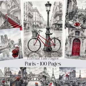 Può includere: Una raccolta di 100 pagine intitolata Eternal Tale Pages Paris con illustrazioni in bianco e nero di scene parigine con accenti rossi, tra cui una bicicletta rossa, una scala rossa, una porta rossa e una barca rossa sul fiume.