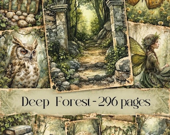 May include: A collage of forest-themed illustrations featuring a stone archway, a treasure chest, a butterfly, an owl, a fairy, a stack of books, a raven, mushrooms, a fan, and a duck, with the text Deep Forest - 296 pages.