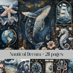 Pagine da sogno nautiche per scrapbooking, diari spazzatura, carta stampabile digitale, mare, oceano, navi e barche, vita marina, arte della spiaggia e della costa