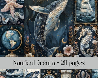 Nautical Dream Pages for scrapbooking, junk journals, digital printable paper, sea, ocean, ships and boats, sea life, beach and coast art