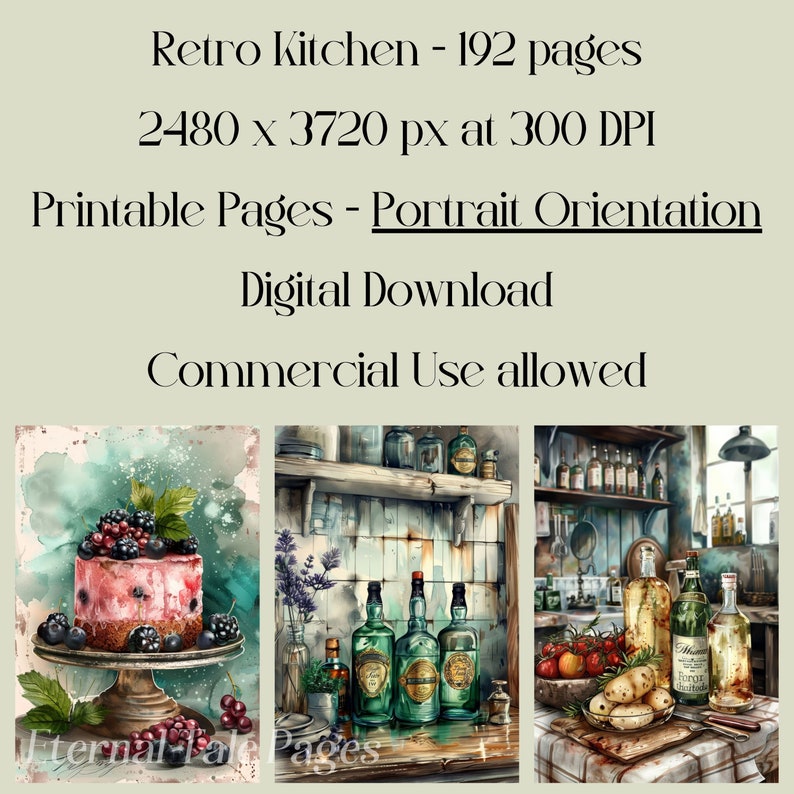 May include: Digital download of a "Retro Kitchen" printable set. The image features watercolor illustrations of a cake, bottles, and kitchen scenes. Text includes "Retro Kitchen - 192 pages", "Printable Pages - Portrait Orientation", and "Commercial Use allowed".