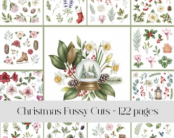 May include: A selection of watercolour Christmas-themed fussy cuts, including floral arrangements, a snow globe, and various holiday elements. The image features botanical illustrations, such as flowers, pine cones, and berries. The text "Christmas Fussy Cuts - 122 pages" is displayed.