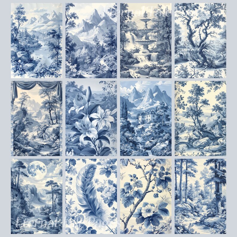 May include: A collection of ten blue and white patterned tiles featuring various landscape scenes. The tiles depict scenes of nature, including trees, mountains, and rivers. The tiles are all in a similar style, with a delicate and intricate design.