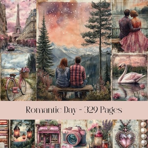 Páginas románticas para el día de San Valentín, papel digital, diario basura, álbum de recortes, recuerdos, pareja, amor, día de paseo, imágenes imprimibles, rosa, hecho jirones