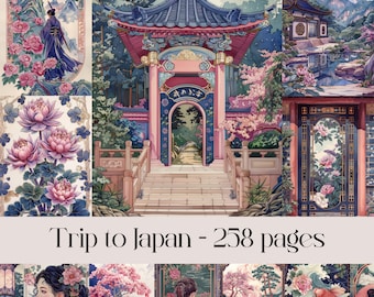 Trip to Japan pages for Scrapbooking and Junk Journal, Digital paper, Japanese, Gardens, Zen, Geisha, Koi, flowers, printable paper