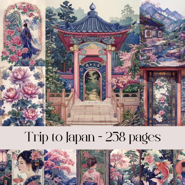 Pages voyage au Japon pour scrapbooking et Junk Journal, papier numérique, japonais, jardins, zen, geisha, carpes koï, fleurs, papier imprimable