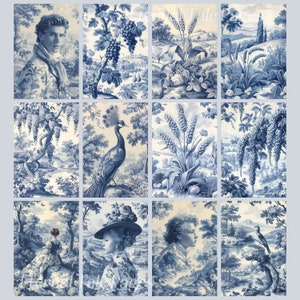 May include: A collage of nine blue and white patterned tiles featuring various floral and animal motifs. The tiles depict a peacock, grapes, wheat, and other designs.