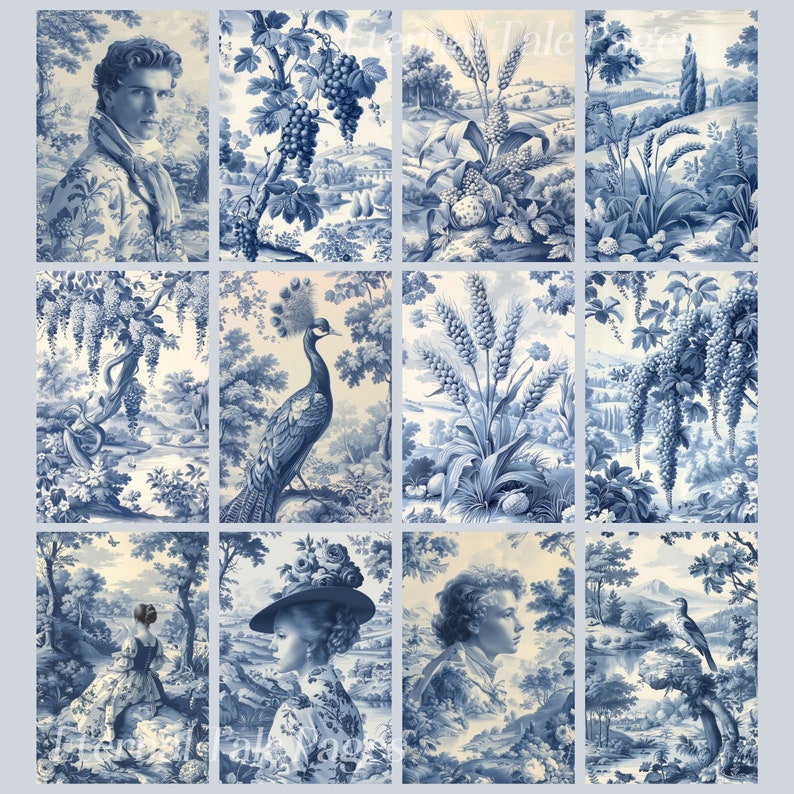May include: A collage of nine blue and white patterned tiles featuring various floral and animal motifs. The tiles depict a peacock, grapes, wheat, and other designs.