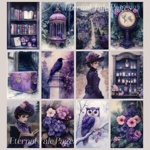 May include: A collage of images with a purple and lavender color scheme. The images include a birdcage, a raven, a woman in a purple dress, a chest, a book, a clock, a bottle of perfume, a bouquet of flowers, an owl, and a hydrangea.