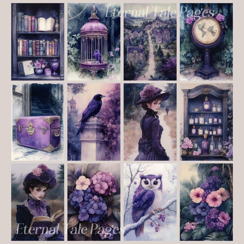 May include: A collage of images with a purple and lavender color scheme. The images include a birdcage, a raven, a woman in a purple dress, a chest, a book, a clock, a bottle of perfume, a bouquet of flowers, an owl, and a hydrangea.