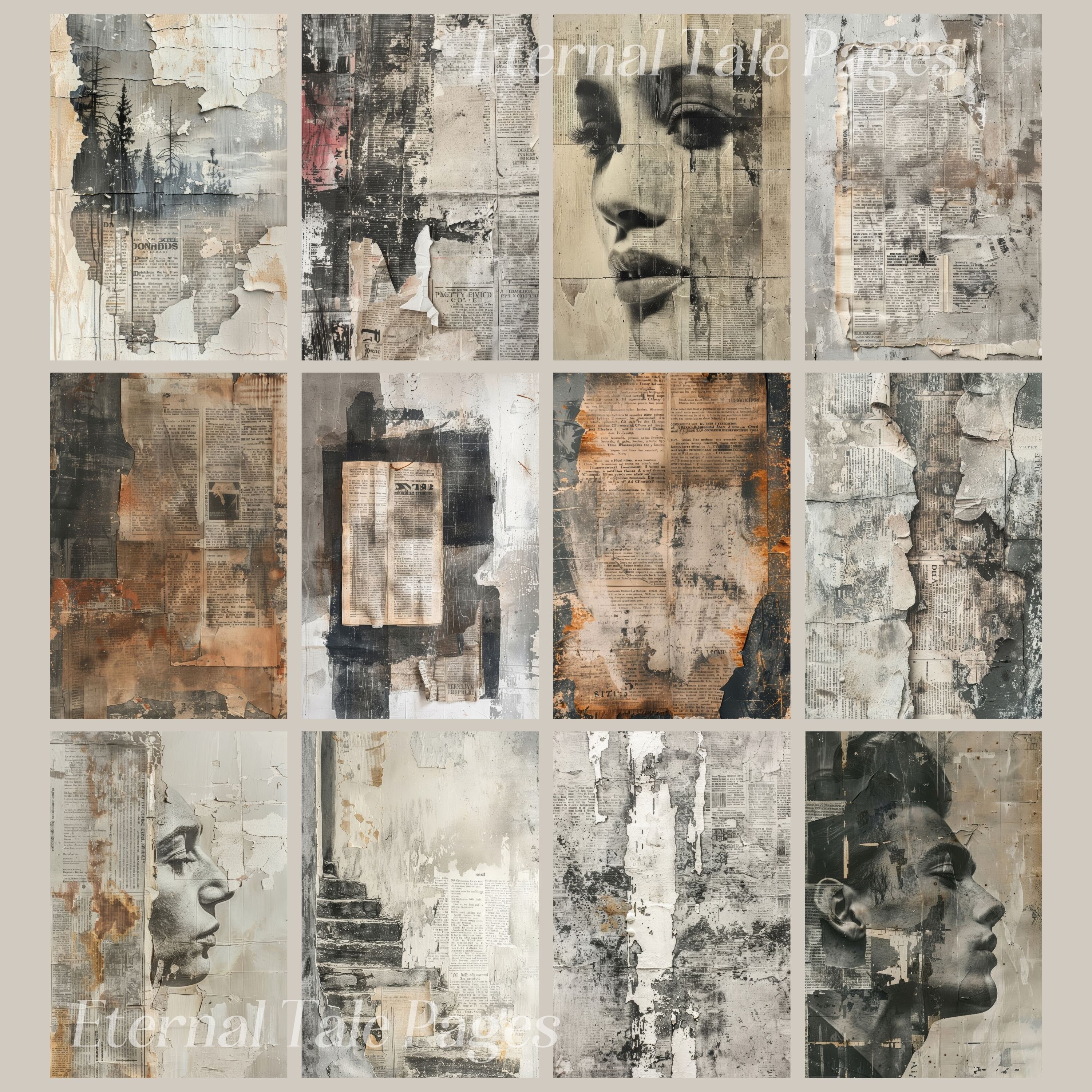 新聞コラージュ：ジャンクジャーナル用のヴィンテージテクスチャ