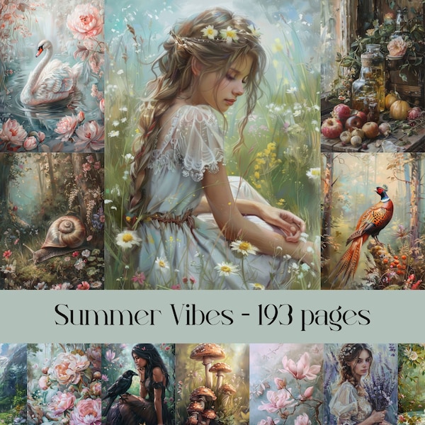 Summer Vibes pages for scrapbook and Junk journal, landscape, animals, woodland, countryside, farm life, lakes and forests, digital paper