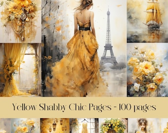 Yellow Shabby Chic Junk Journal Pages: Vintage Ephemera (Digital Paper)