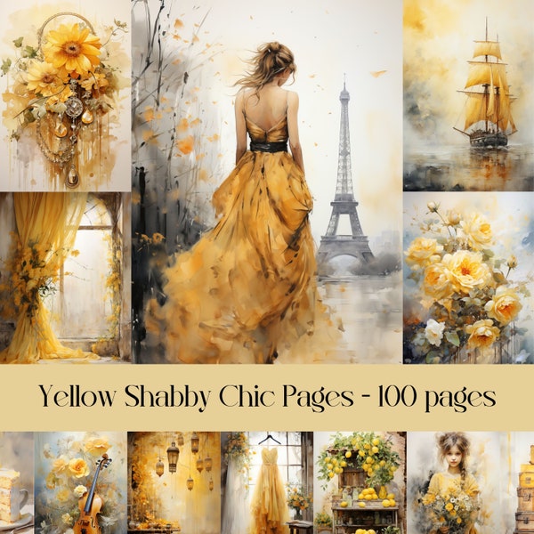 Yellow Shabby Chic Junk journal pages, scrapbook collage, background images, vintage ephemera, digital paper, printable images