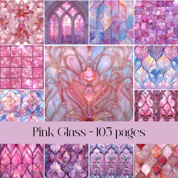 Pink Glass Pages, Junk journal, scrapbook paper, stained glass, window glass, printable paper, digital paper, glass tile, tile images