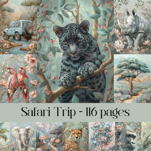Páginas de viagem de safári, diário de lixo, papel para scrapbook, papel digital, animais africanos, tigre, leão, zebra, imagens para impressão, animais florais