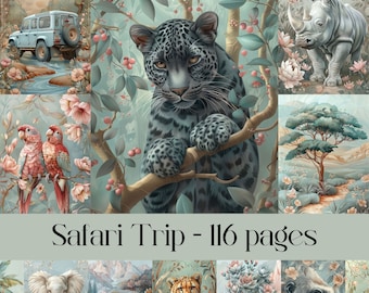 Safari Tiere Junk Journal Seiten: Floral Scrapbook Papier (digitaler Download)