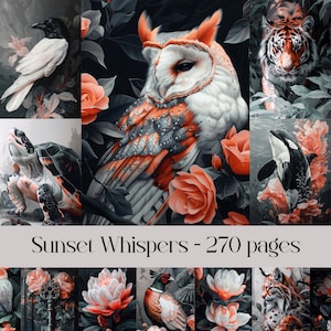 Pages Sunset Whispers pour scrapbooking et journal indésirable, images d'animaux, safari, oiseaux, insectes, vie sauvage, nature, monochrome, art mural