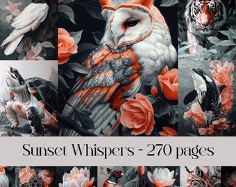 Sunset Whispers Pages for scrapbook and junk journal, animal images, safari, birds, insects, wild life, nature, monochrome, wall art
