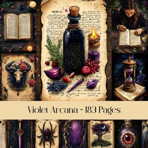 Pagine di Violet Arcana, carta digitale, diario di scarto, mistici, fantasy, magia, stregoneria, pozioni, pergamene, bacchette magiche, strega, immagini stampabili