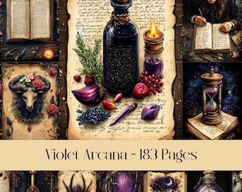 Violet Arcana Junk Journal Seiten, Zaubertränke, Hexerei Ephemera (Digital)