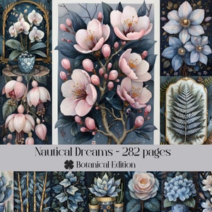 Rêves nautiques, botanique, floral, papier numérique, journal indésirable, papier de scrapbooking, fleurs, plantes, arbres, thème de la nature, fond floral